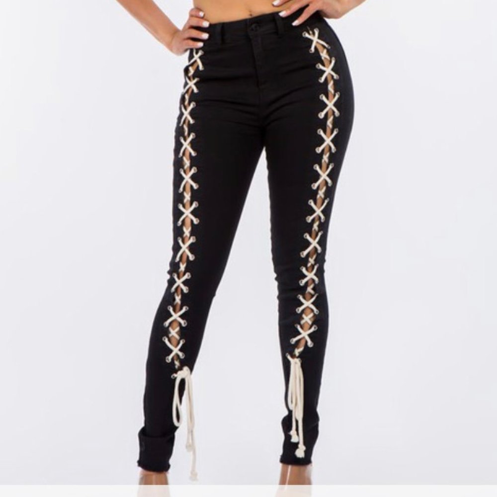 Denim Lace up Leg High waisted Jeans